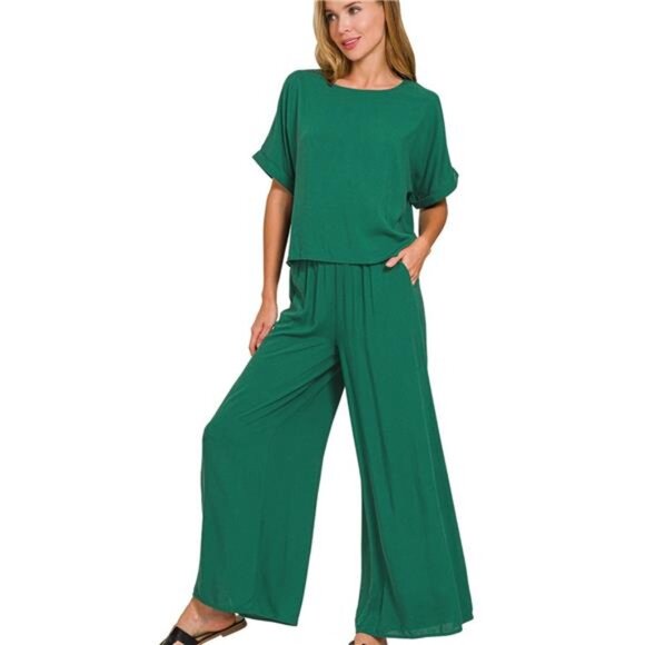 Zenana Outfitters Tops - Zenana Round Neck T-Shirt and Wide Leg Pants Set